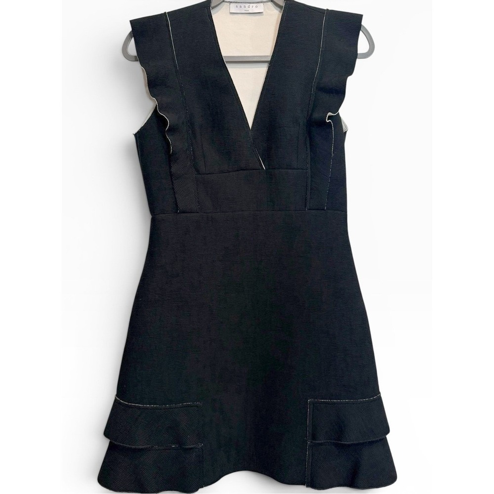 Sandro Aglae Bonded Knit Ruffle Hem‎ Mini Dress Black M US 6
